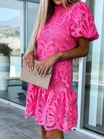 Lace Mock Neck Puff Sleeve Dress