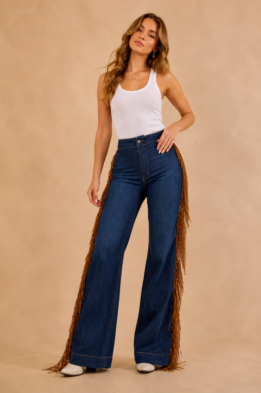 Harley Wide Leg Fringe Jean in Dark Wash