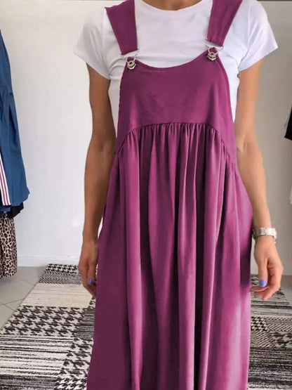 Ruched Wide Strap Overall Maxi Dress