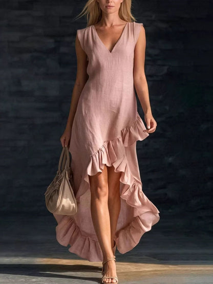 Sleeveless V-Neck Ruffle Hem High-Low Dress