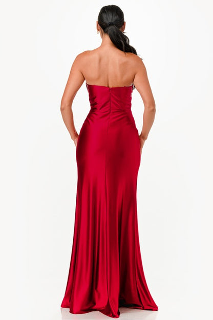 Tucked and ruched sweetheart satin dress with fitted slit skirt