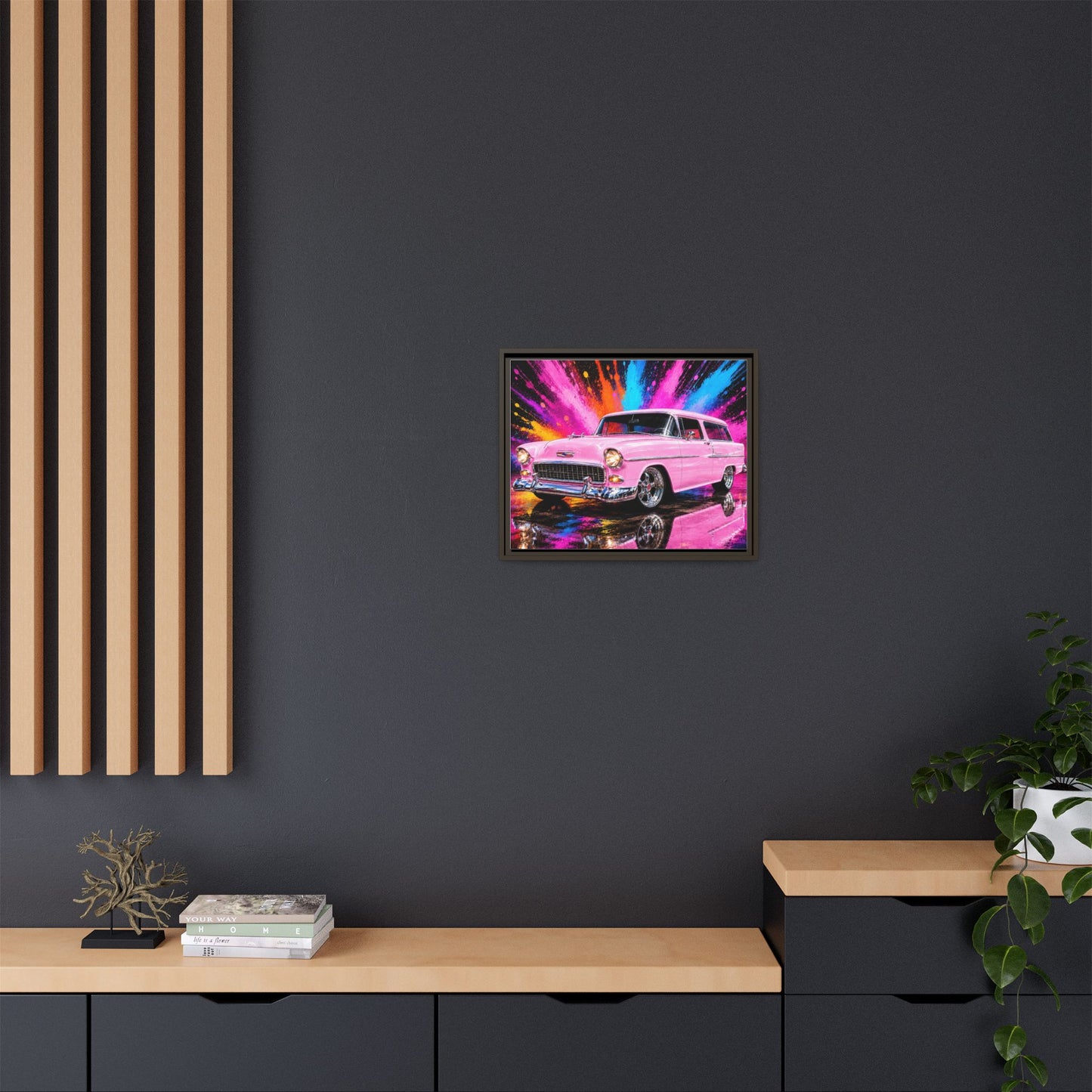 Pink Classic Station Wagon Canvas Print — Retro Car Wall Art, Framed Matte Multi‑Color Splash