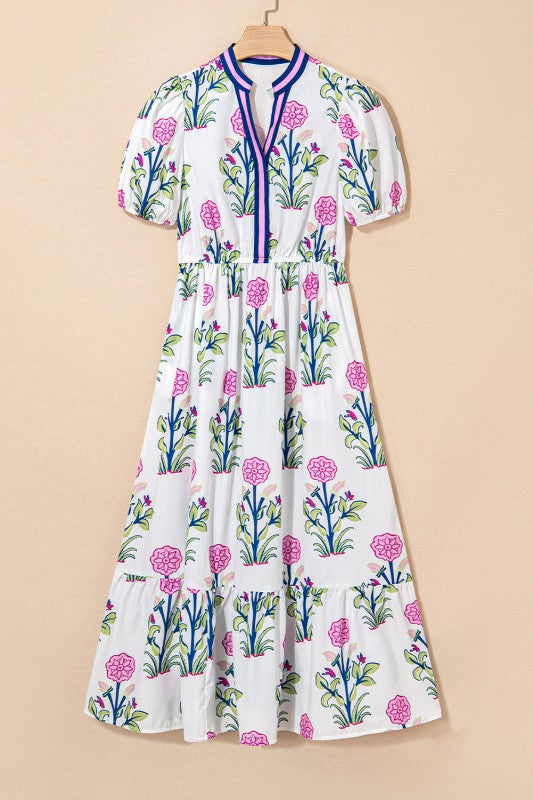 Julietta Floral Puff Short Sleeve V Neck High Waist Dress