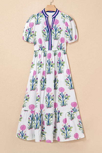 Julietta Floral Puff Short Sleeve V Neck High Waist Dress