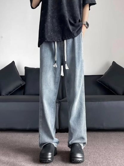 Men's Plus Size Drawstring Washed Wide Leg Jeans