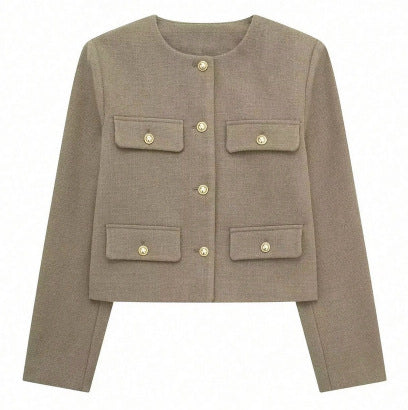 Pocket-decorated Crew-neck Cropped Chic Chanel-style Jacket Top