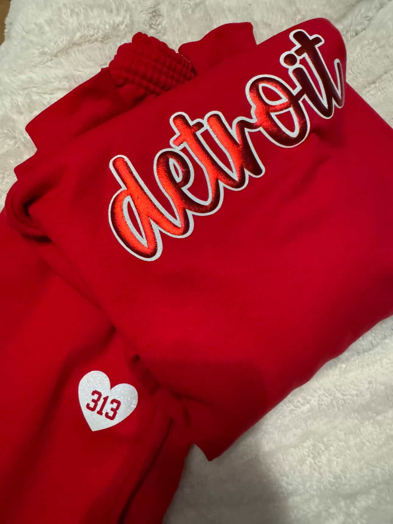 Red Detroit Script Sparkle + Puff Sweatsuit
