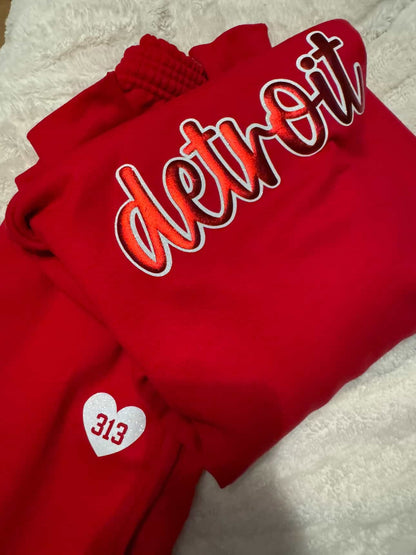Red Detroit Script Sparkle + Puff Sweatsuit