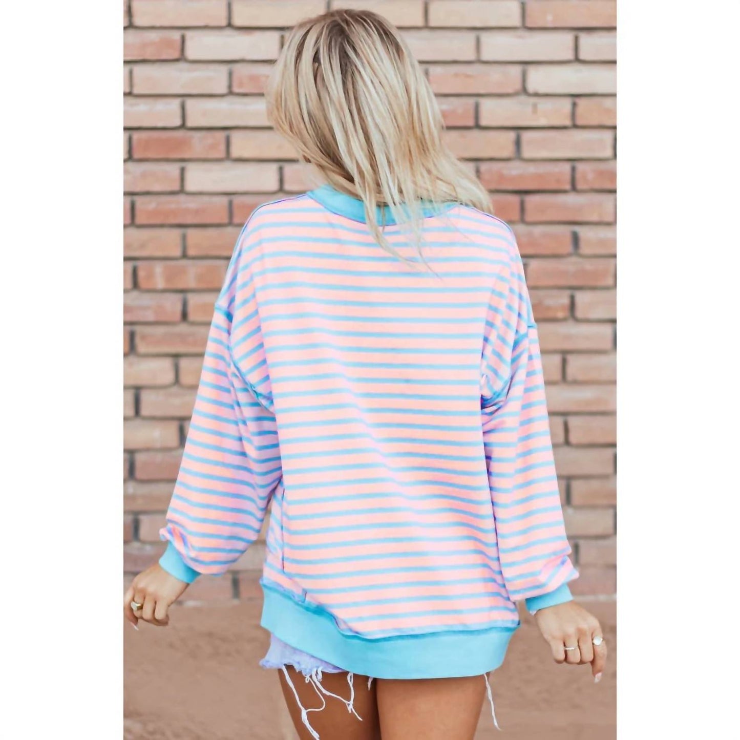 Stripe Contrast Trim High Low Pullover Tunic Sweatshirt