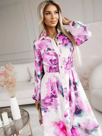 Printed Button Front Maxi Shirt Dress