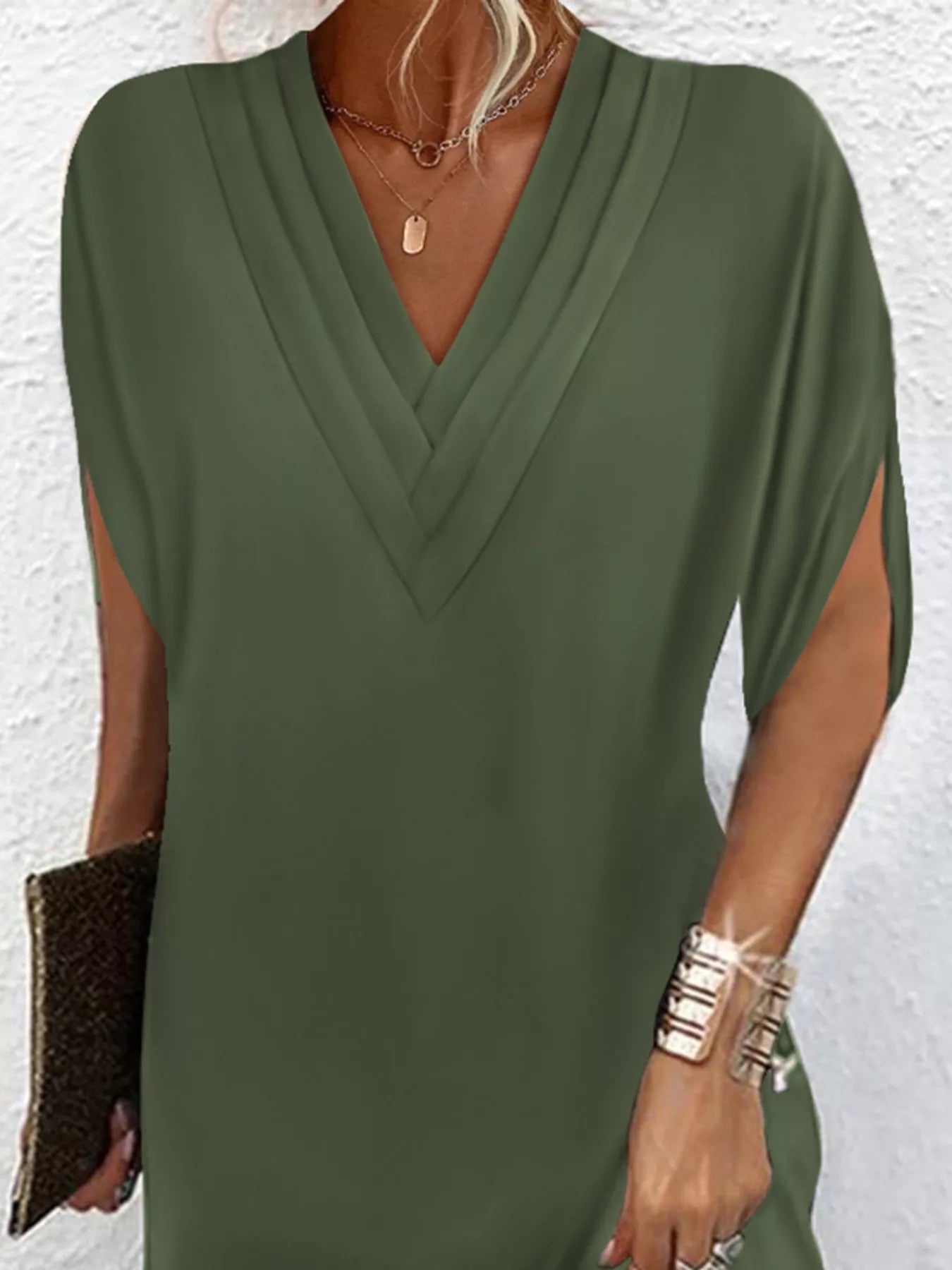 V-Neck Slit Sleeve Mini Dress