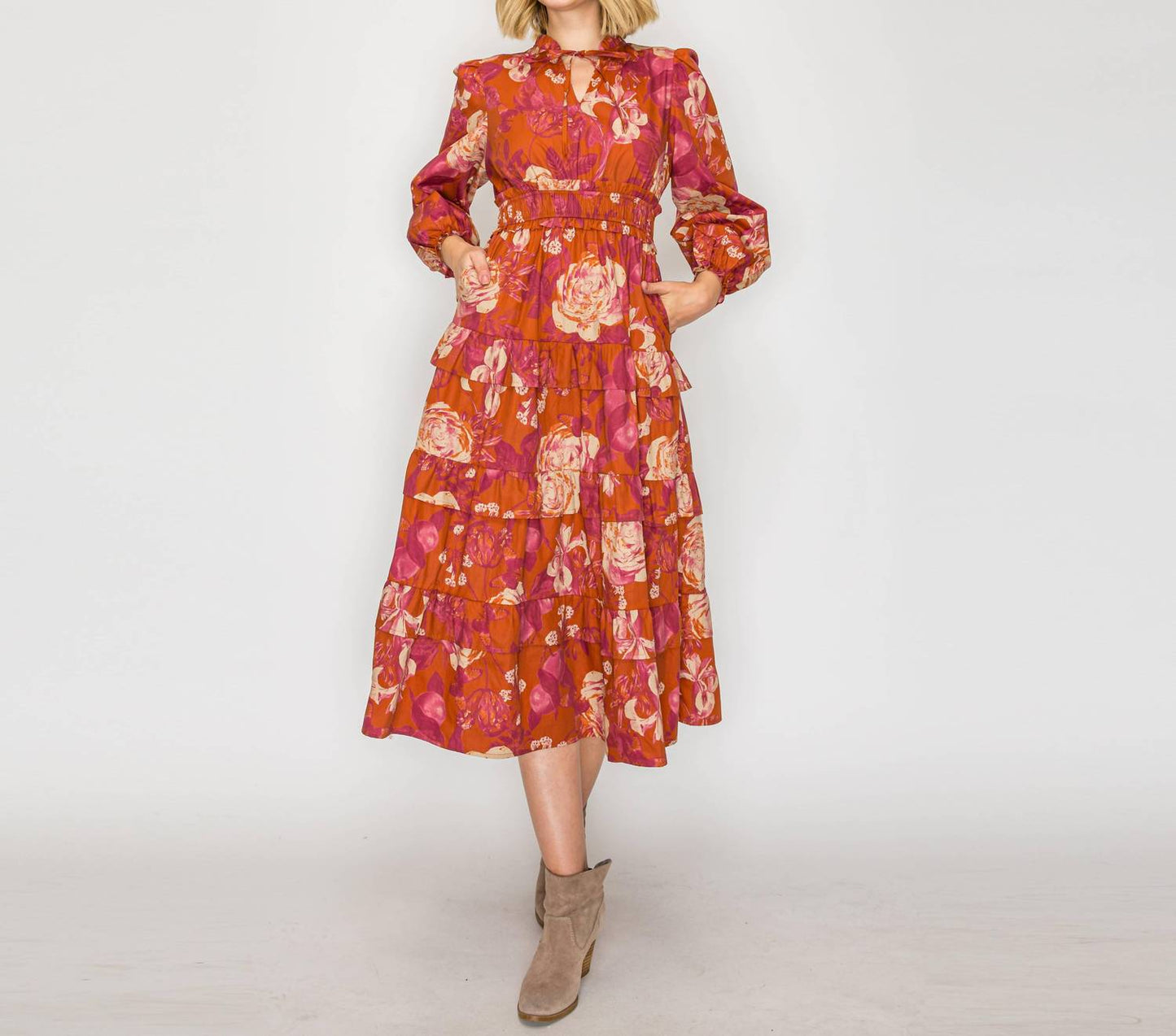 Rustic Rose Print Midi Dress