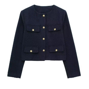 Pocket-decorated Crew-neck Cropped Chic Chanel-style Jacket Top