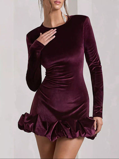 Velvet Ruched Hem Long Sleeve Dress