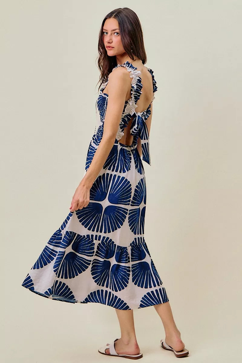 Abstract Print Smocked Bodice Tiered Lined Midi Dress