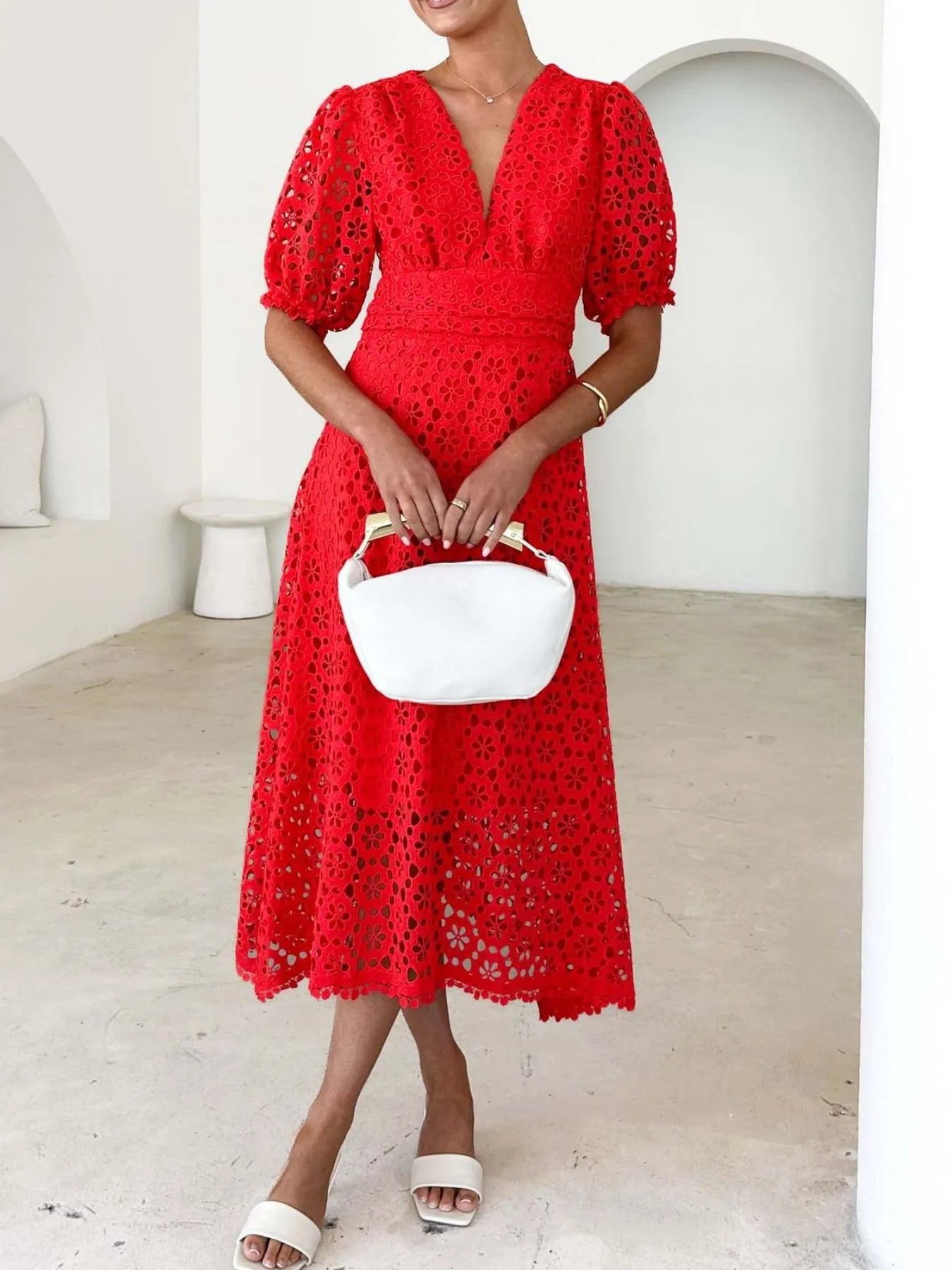 Eyelet Lace V-Neck Midi Dress with Puff Sleeves