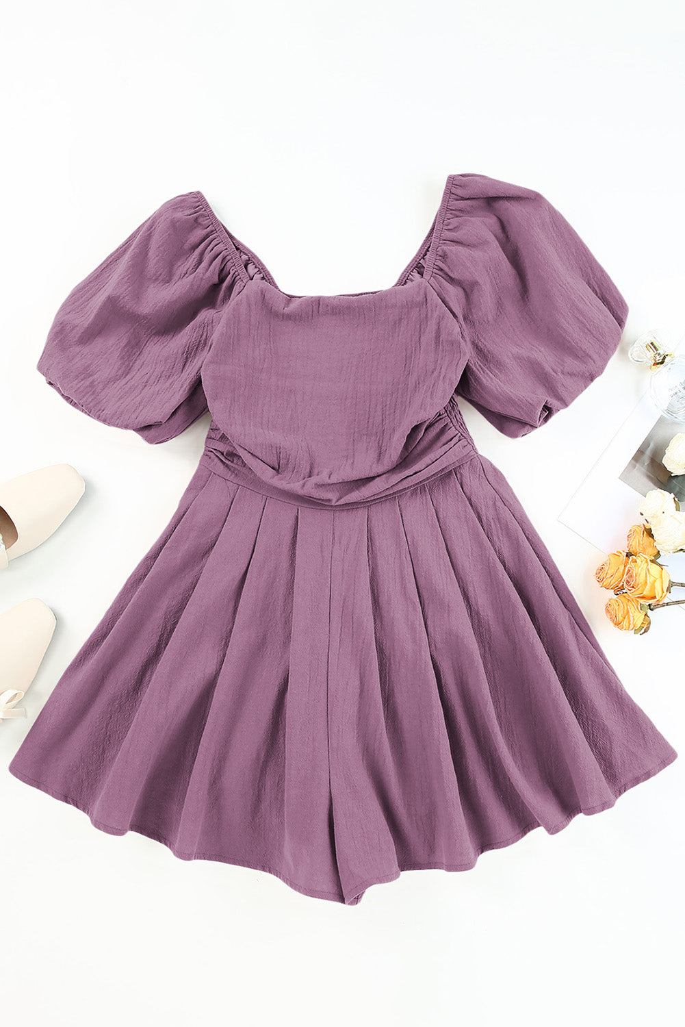 Solid Square Neck Ruched Puff Sleeve Romper