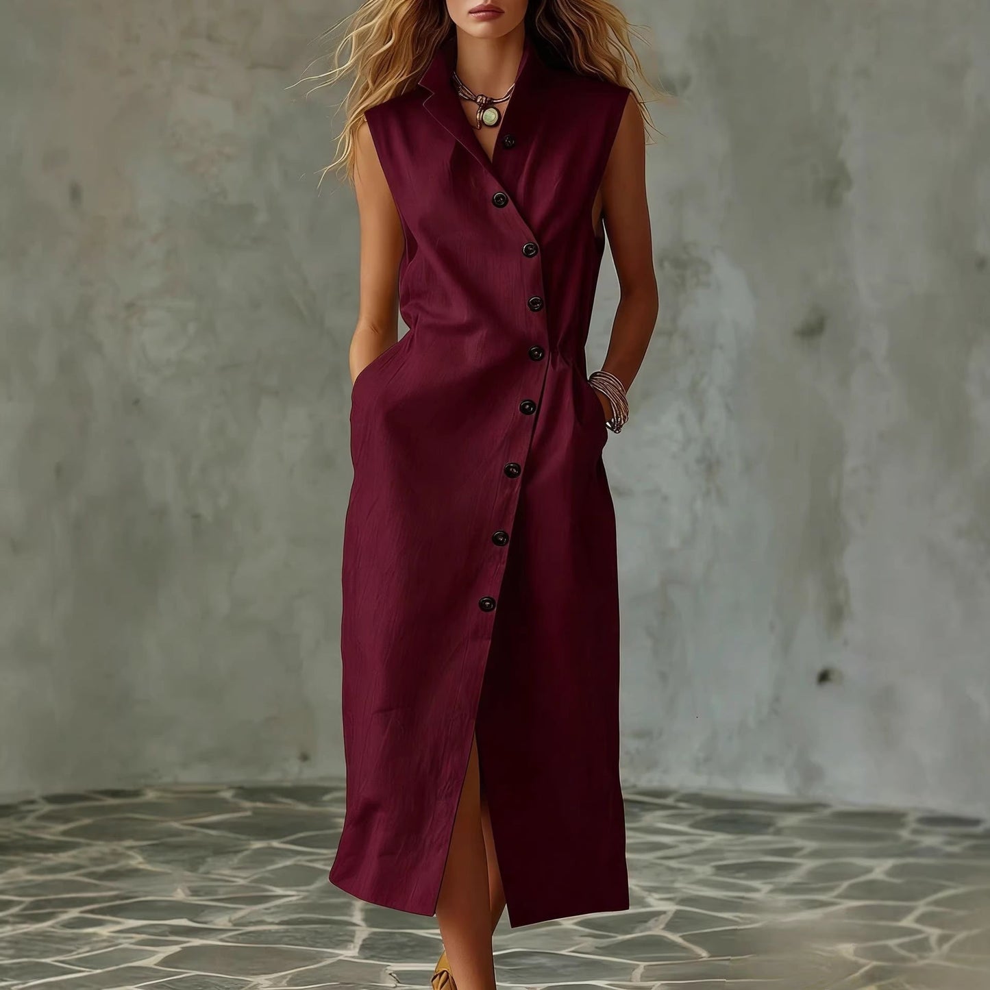 Women's Slim-Fit Sleeveless Stand Collar Pleated Midi Dress