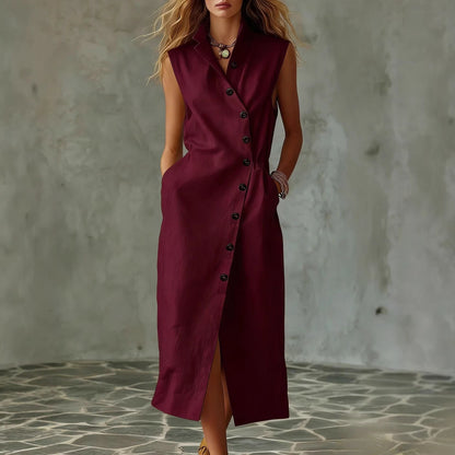 Women's Slim-Fit Sleeveless Stand Collar Pleated Midi Dress