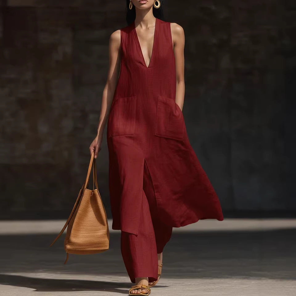 Women's V-Neck Sleeveless Linen Dress Set – Casual Chic