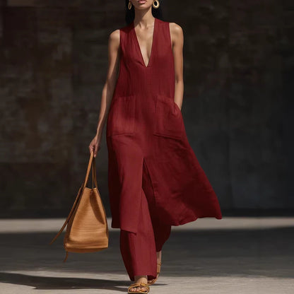 Women's V-Neck Sleeveless Linen Dress Set – Casual Chic