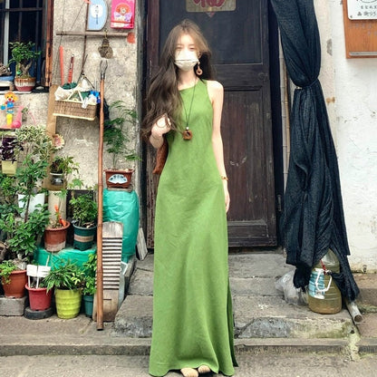 French Green Sleeveless Vest Dress