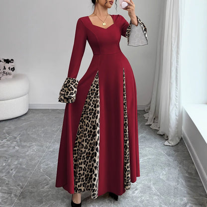 European And American Women's Clothing Leopard Print Contrast Color Long Dress