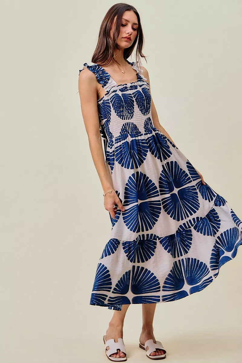 Abstract Print Smocked Bodice Tiered Lined Midi Dress