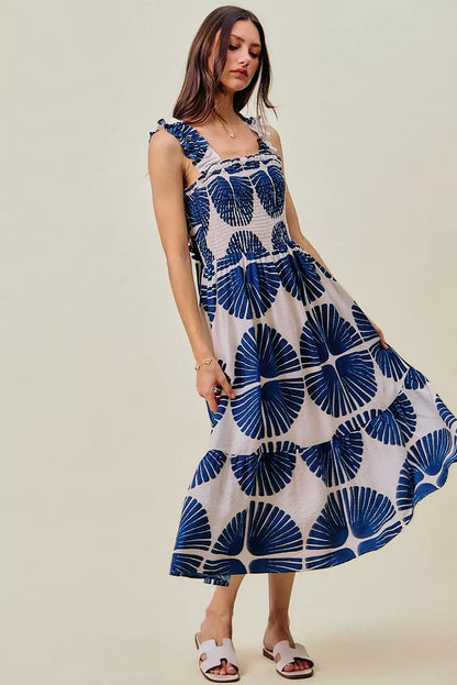 Abstract Print Smocked Bodice Tiered Lined Midi Dress