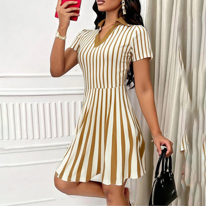 Women's Elegant Striped V-neck Short Sleeve A-line Short Dress