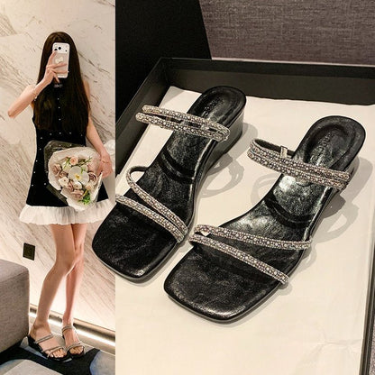 Women's Rhinestone Double-Strap Wedge Sandals – Open-Toe Glam Evening Heels
