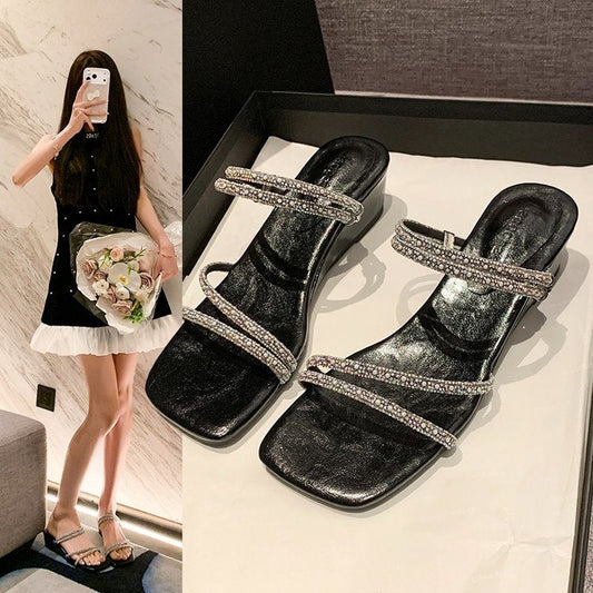 Women's Rhinestone Double-Strap Wedge Sandals – Open-Toe Glam Evening Heels