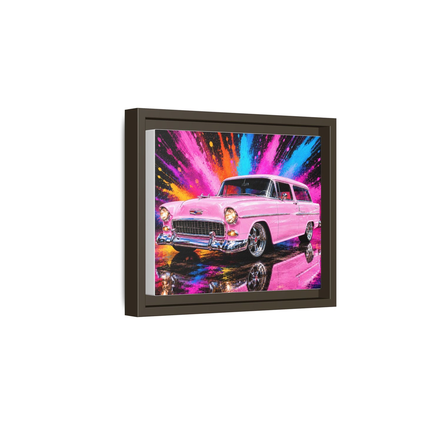 Pink Classic Station Wagon Canvas Print — Retro Car Wall Art, Framed Matte Multi‑Color Splash