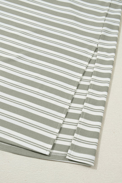 Stripe Collared V-Neck Short Sleeve Midi Dress