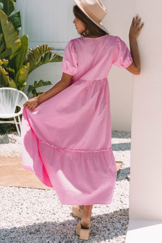 Ella Stripe V Neck Puff Short Sleeve Maxi Dress