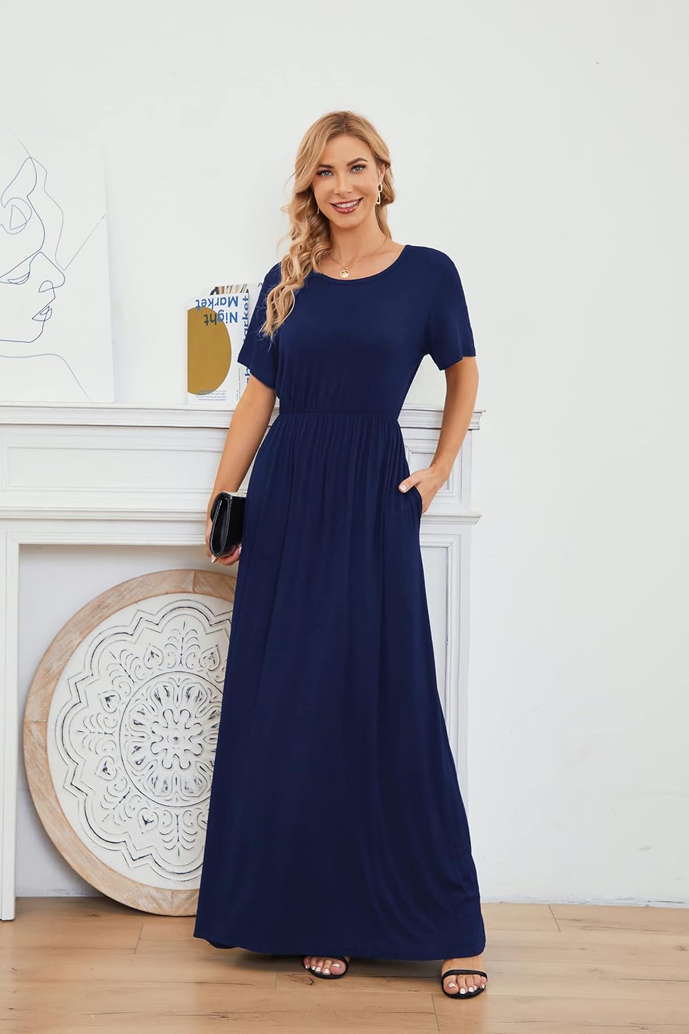 AUOMITH Women's 2026 Summer Short Sleeve Empire High Waist Long Maxi Dress with Pockets
