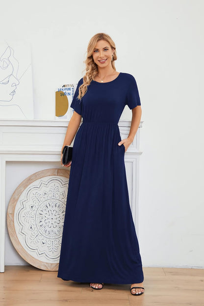 AUOMITH Women's 2026 Summer Short Sleeve Empire High Waist Long Maxi Dress with Pockets