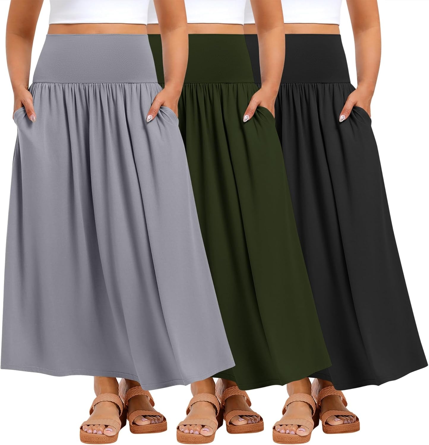 Ficerd 3 Pack Plus Size Maxi Skirts for Curvy Women Pockets Casual 2026 Boho Summer Flowy Long Skirt a Line High Waist Dress