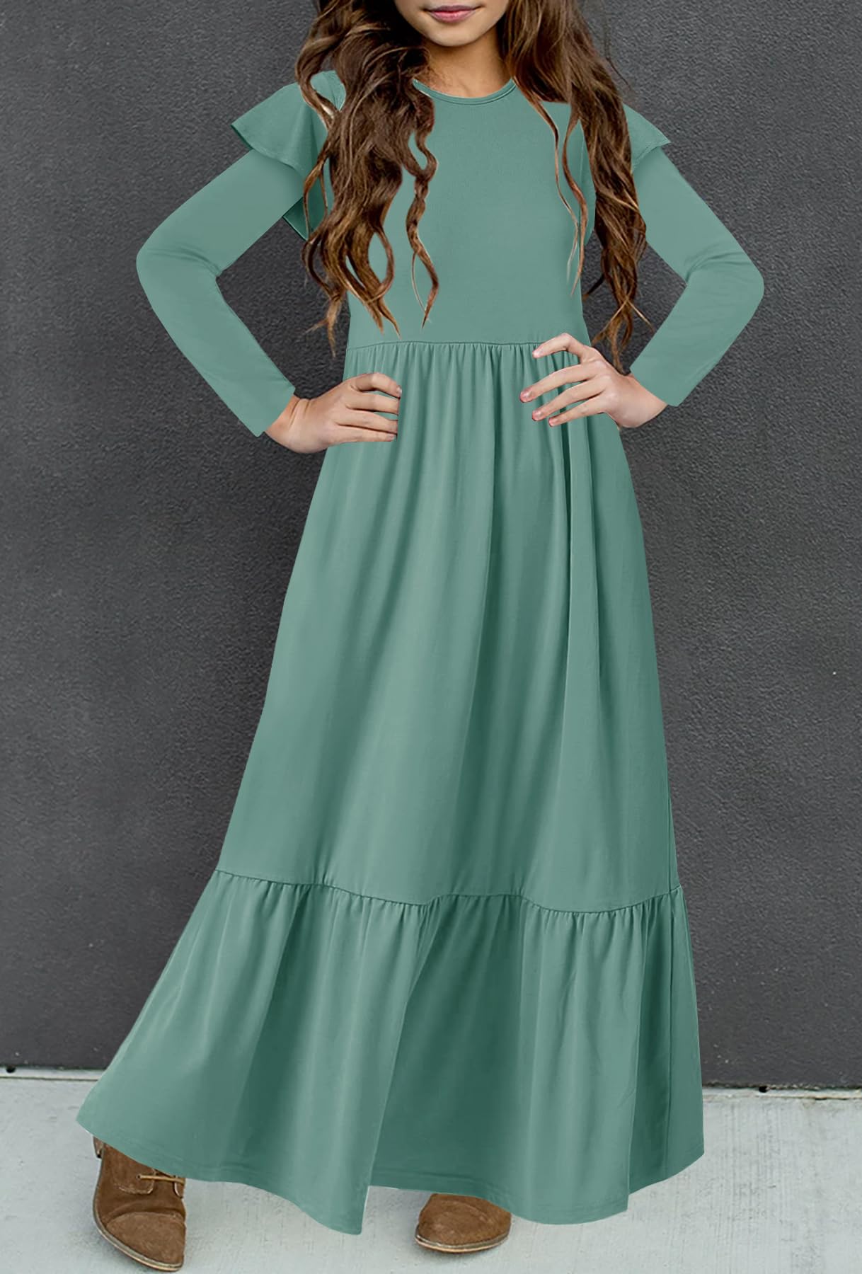 HOSIKA Girls Fall Ruffle Long Sleeve Crew Neck Loose Casual Flowy Tiered Maxi Dress with Pockets for 6-12 Y