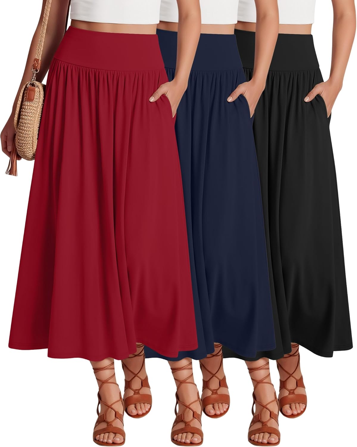 Ficerd 3 Pack Maxi Long Skirts for Women, Ankle Length High Waisted Pleated Flowy a Line Summer Casual Skirts with Pockets
