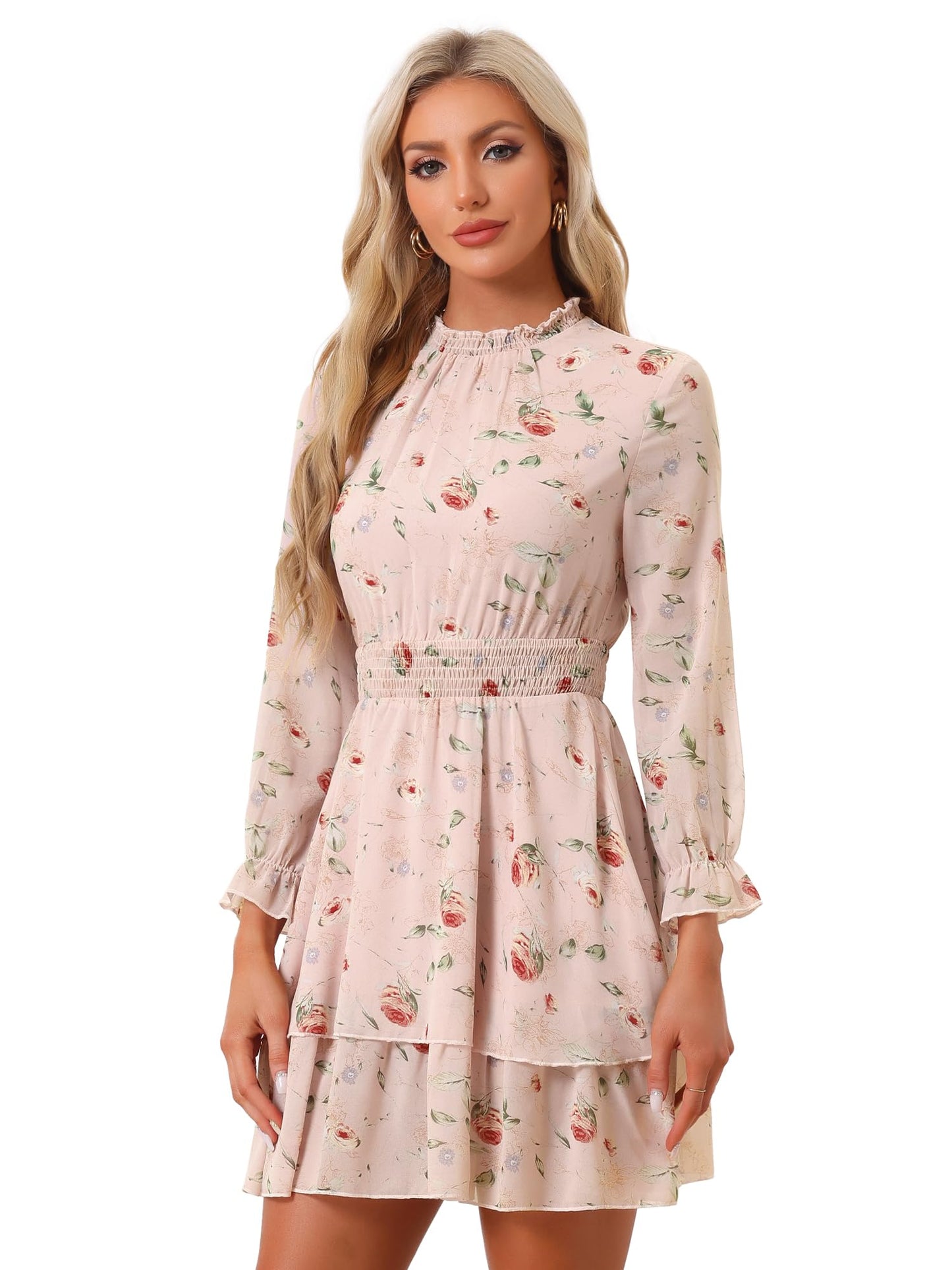 Allegra K Women's Floral Dress Chiffon Long Sleeve Mock Neck Ruffle Layered Smocked Mini Dresses