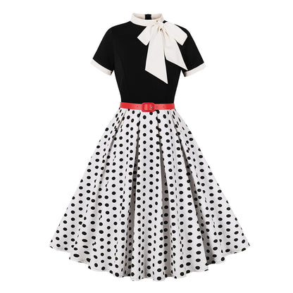 50s Style Dresses for Women Vintage Short Sleeve Tie Neck Swing Dress Midi Prom Dress with Belt