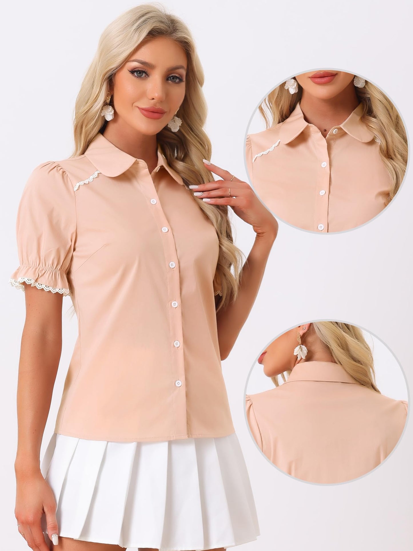 Allegra K Peter Pan Collar Shirt for Women Vintage Tops Puff Short Sleeve Button Down Retro Blouses 2026