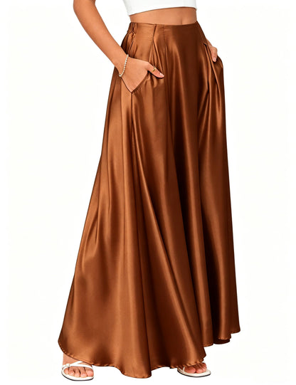 MAKABO Maxi Satin Skirts for Womens High Waisted Flowy Long A line Skirt Trendy for Office Holiday Party