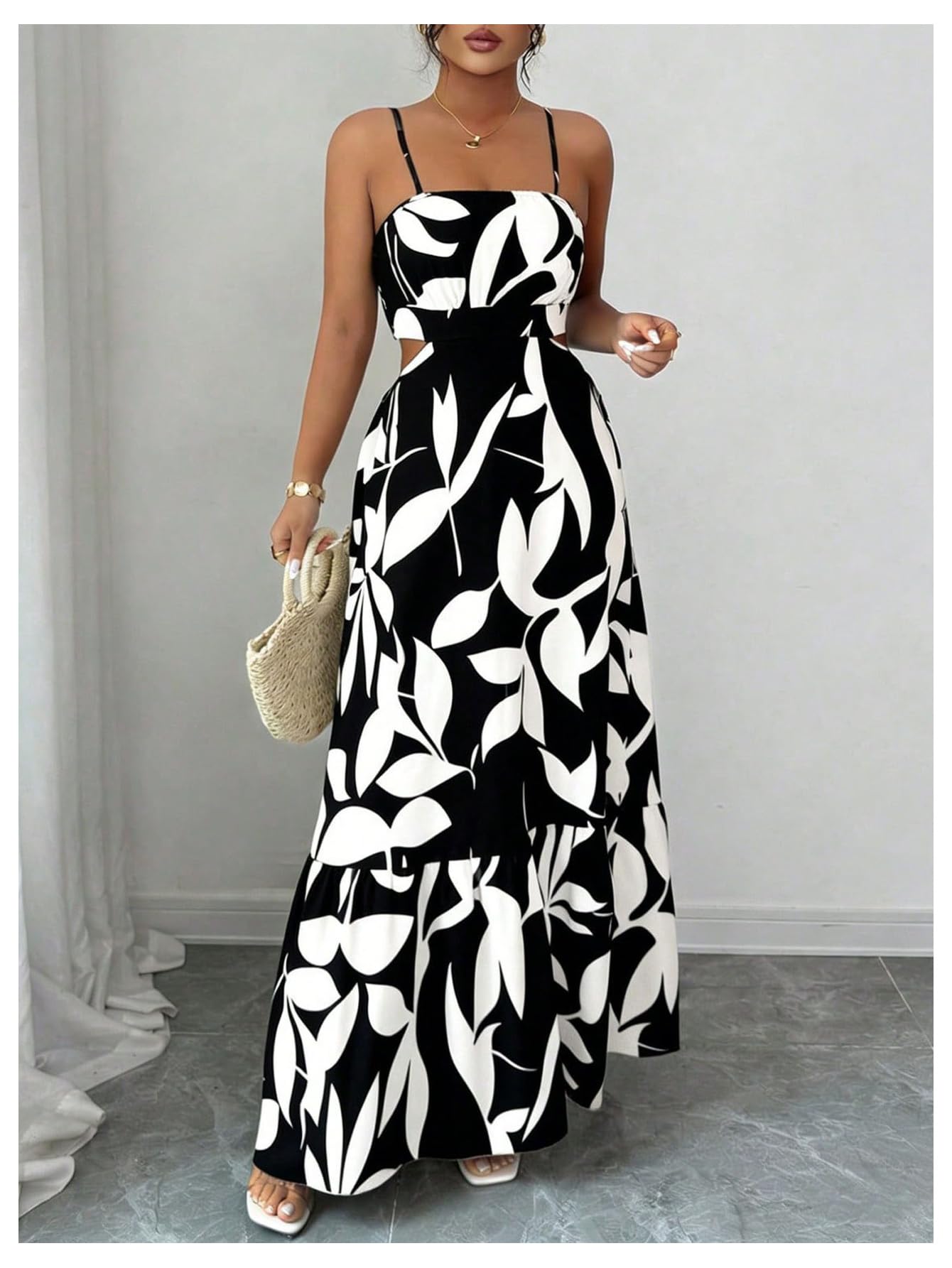 OYOANGLE Women's Cut Out Floral Print Tropical Maxi Cami Dress Ruffle Flowy Summer Vacation Spaghetti Strap Sundress