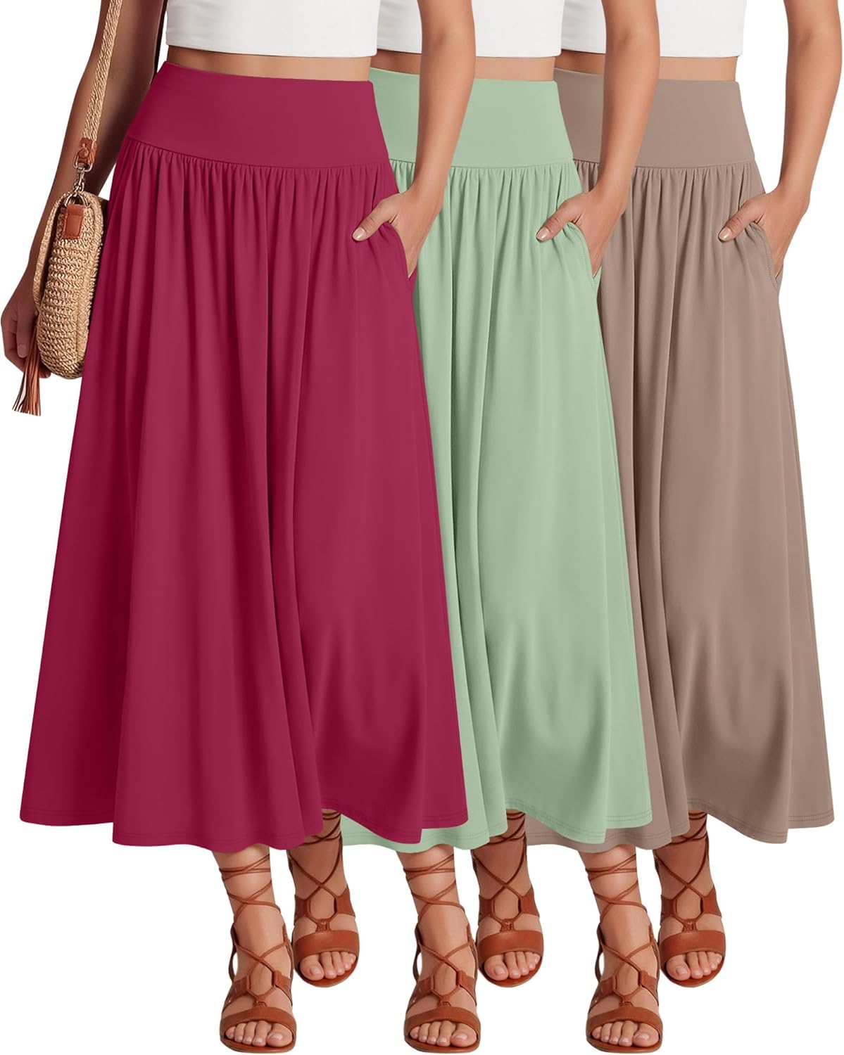 Ficerd 3 Pack Maxi Long Skirts for Women, Ankle Length High Waisted Pleated Flowy a Line Summer Casual Skirts with Pockets