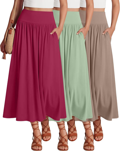 Ficerd 3 Pack Maxi Long Skirts for Women, Ankle Length High Waisted Pleated Flowy a Line Summer Casual Skirts with Pockets