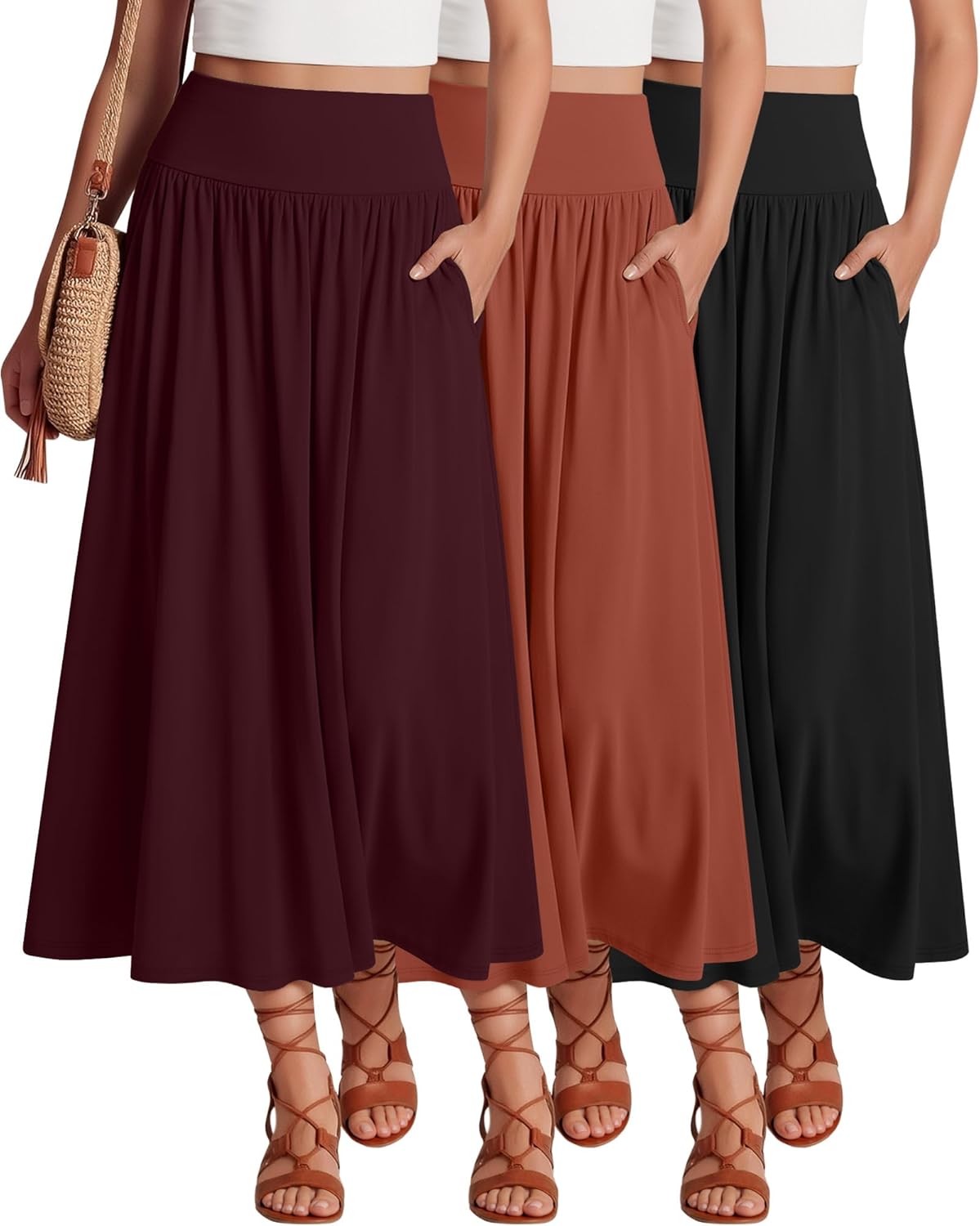 Ficerd 3 Pack Maxi Long Skirts for Women, Ankle Length High Waisted Pleated Flowy a Line Summer Casual Skirts with Pockets