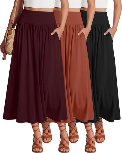 Ficerd 3 Pack Maxi Long Skirts for Women, Ankle Length High Waisted Pleated Flowy a Line Summer Casual Skirts with Pockets