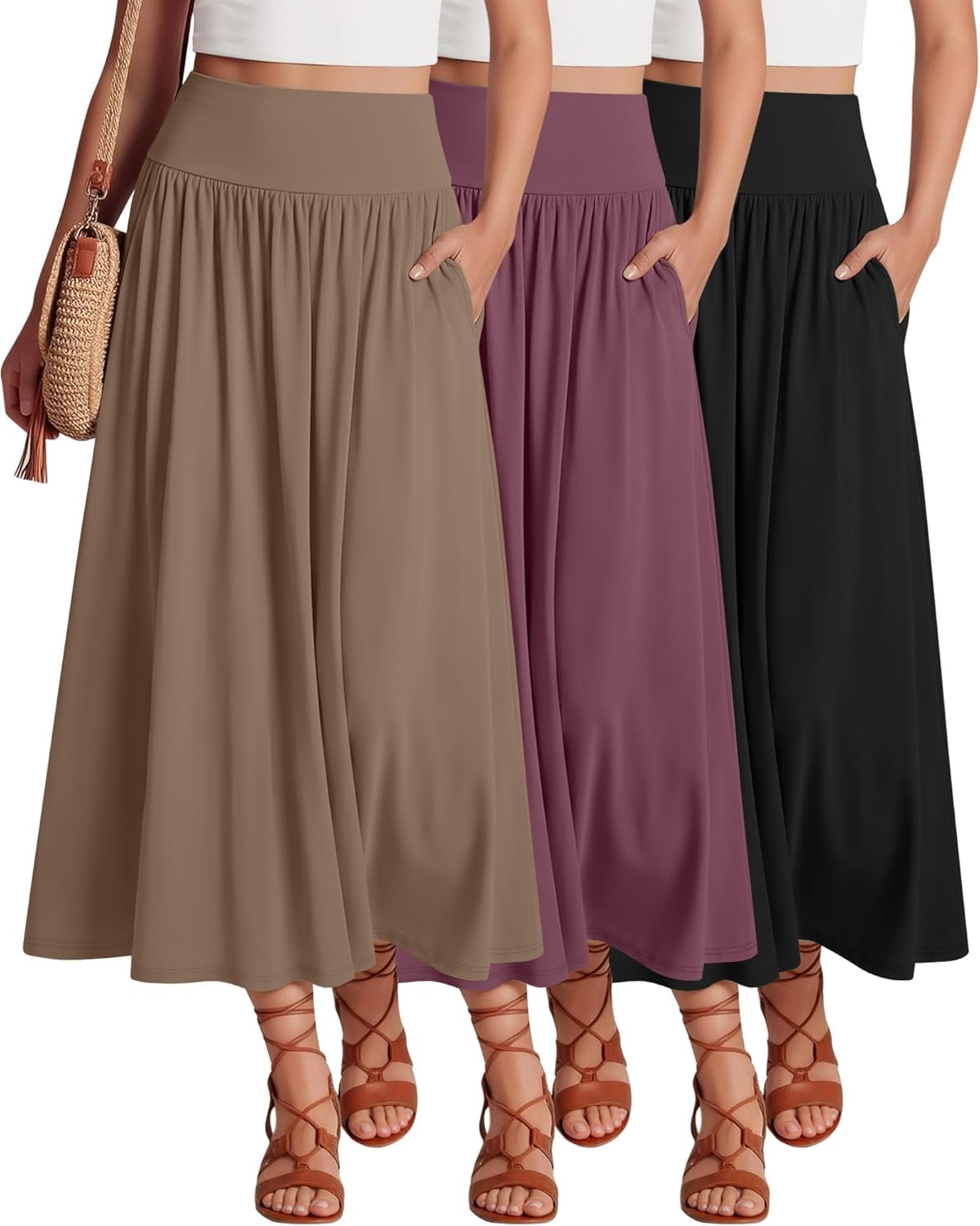 Ficerd 3 Pack Maxi Long Skirts for Women, Ankle Length High Waisted Pleated Flowy a Line Summer Casual Skirts with Pockets